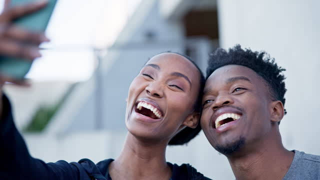 Happy black couple, fitness and selfie for photography, social media or memory together in city. African man and woman smile for photograph, picture or vlog in relax or happiness for love or support