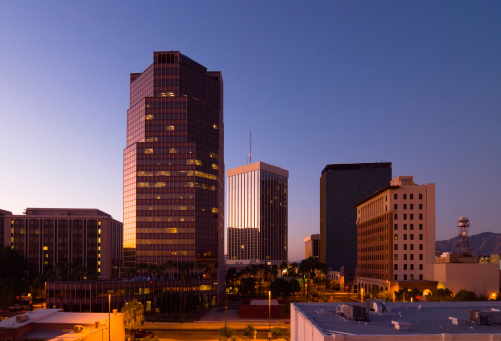 Tucson downtown skyline buildings at sunset / dusk.