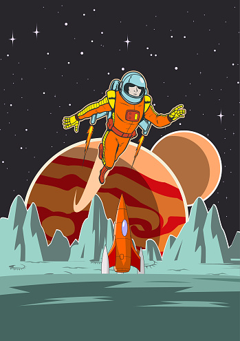 A retro vintage style vector illustration of an astronaut exploring a planet while flying with a jetpack. Wide space available for your copy. Easy to grab and edit.