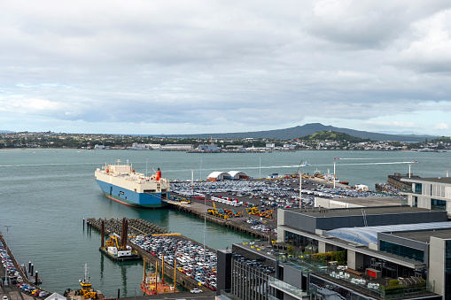 Port Chalmers,Dunedin,New Zealand-December 11,2016: High angle view over Holland America Line ship, port and scenic view in Port Chalmers in Dunedin, New Zealand