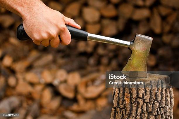 Foto de Cortar Madeira Com Um Hatchet e mais fotos de stock de Braço humano - Braço humano, Casca de Árvore, Cinza - Fenômeno natural