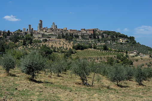 Skyline view of the medieval, walled city of San Gimignano with its famous stone tower houses, located on a hilltop in the province of Siena, Tuscnay, Italy.