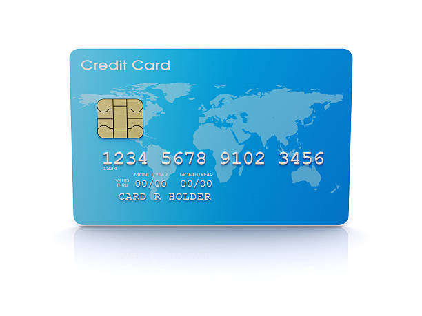 istock Blue credit card with world map and gold chip 182391359