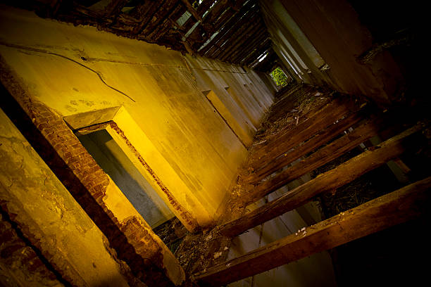 istock Corridor with broken floor and ceiling in abandoned palace 182391539