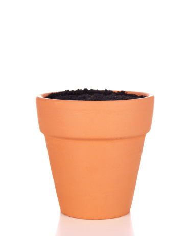 Single brown clay flower pot with saucer isolated on a white background