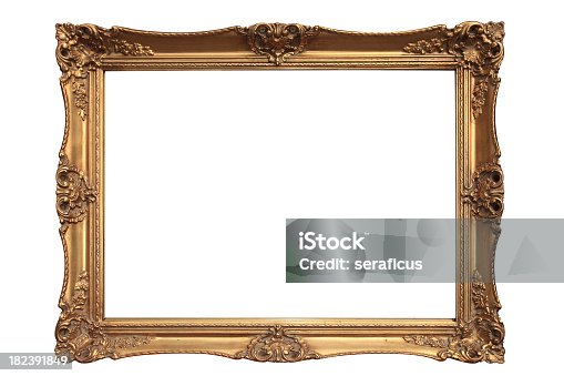 istock Empty gold ornate picture frame with white background 182391849