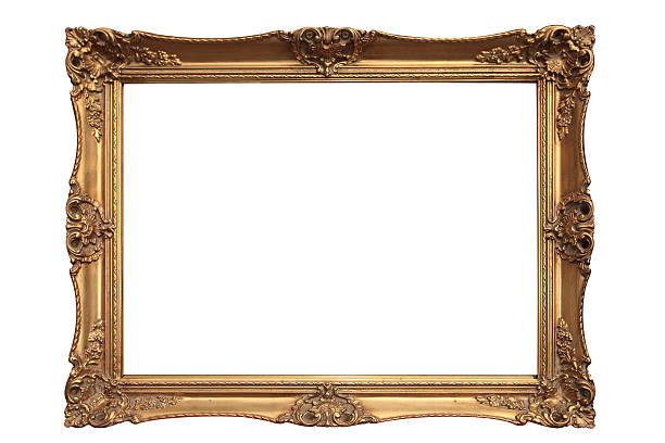 Empty gold ornate picture frame with white background Gold plated wooden picture frame. Other images in:  carving craft product photos stock pictures, royalty-free photos & images