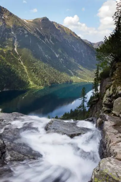 View of the mountain lake Morskie Oko from the top of the waterfall