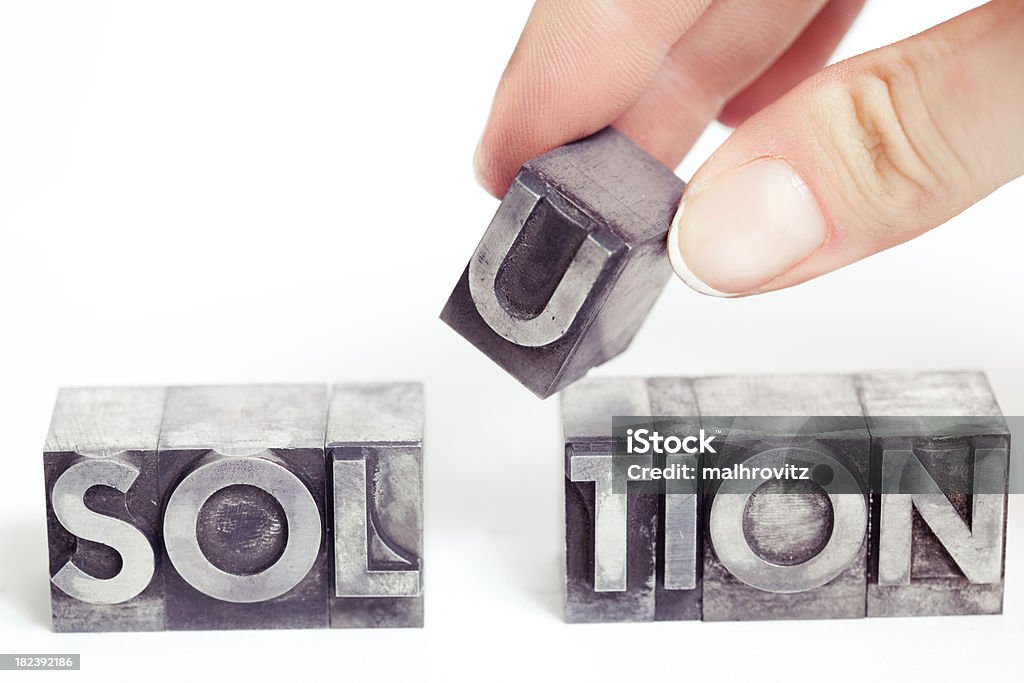SOLUTION inscription, block letters XXL Old printing fonts. Business ideas. XXLFor more photos like this click here: Typesetter Stock Photo