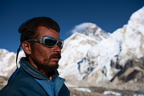 Nepal mountains landscape in Himalaya Everest Base camp trek. Beautiful landscape of snow summit eight thousander peaks above huge glacier and wide mountain valley Solo Khumbu, Sagarmatha Region