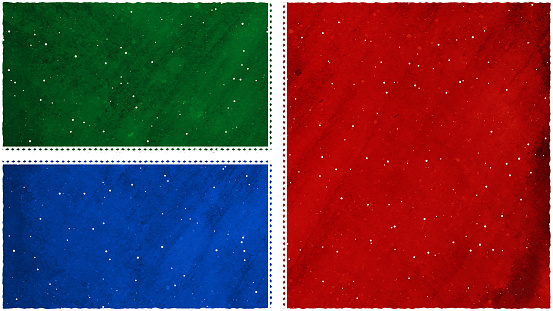 Bright red maroon, blue and green colored horizontal background. Can be used as Xmas , New Year celebrations background, wallpaper, gift wrapping sheet. Small glitter like or glittery dots shining here and there. There are two vertical stripes or bands dividing the illustration into two partitions or divisions.