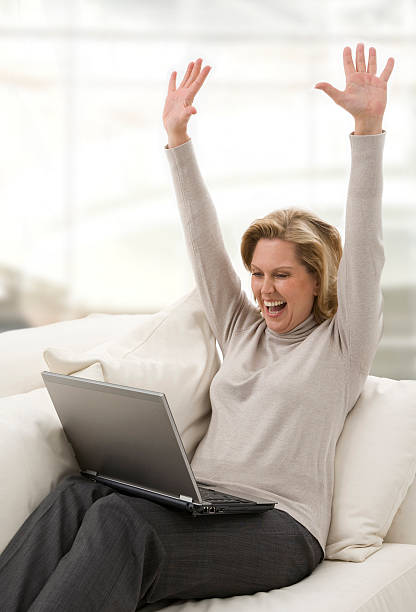 istock Business woman at home enjoy with notebook 182394153