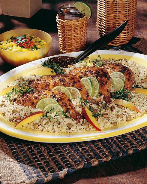 Jerk Chicken served with rice stock photo