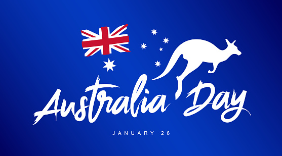 Silhouette of a jumping kangaroo. Australia Day. January 26. Flag of Australia. Banner for the day of the first landing. National Day. Vector illustration on a blue background.
