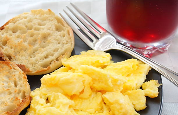 Scrambled eggs on the white plate
