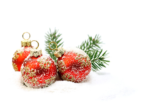 gold and red christmas balls long frame on white