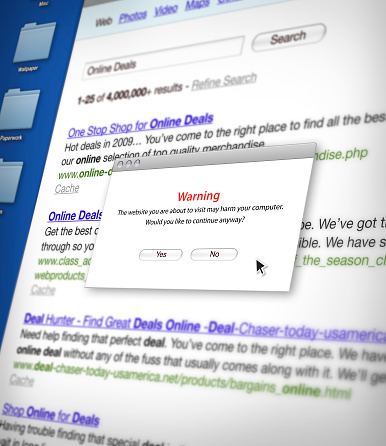 Fictitious search results screen with popup warning.