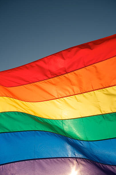 istock Bright Gay Pride Rainbow Flag Waves in Blue Sky Sun 182396539