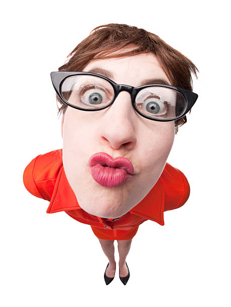 A fisheye image of a geeky woman puckering up for a kiss.