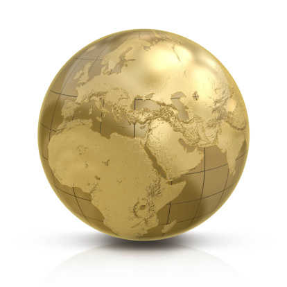 Gold globe isolated on white.Maps prepared via reference of  world map's obtained from the Nasa public domain archive. Link: http://veimages.gsfc.nasa.gov/7100/world.topo.bathy.200401.3x5400x2700.jpgSimilar images:
