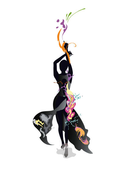 Abstract dancing woman decorated with splashes, waves, notes. Hand drawn vector illustration. Abstract dancing woman decorated with splashes, waves, notes. Hand drawn vector illustration for t shirts, covers, wallpaper, greeting cards, wall-art, invitations. female salsa dancer stock illustrations