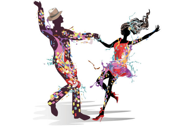 Abstract dancing couple decorated with splashes, waves, notes. Hand drawn vector illustration. Abstract dancing couple decorated with splashes, waves, notes. Hand drawn vector illustration for t shirts, covers, wallpaper, greeting cards, wall-art, invitations. female salsa dancer stock illustrations