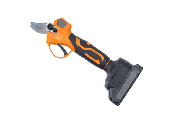 istock Red garden battery powered pruning shears, secateurs, pruner isolated on a white background. Gardening electric tool equipment. Pruning of vineyard or fruit tree. Top view. 1823991476