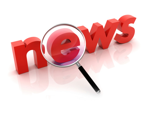 Glass magnifier search on a news word focusing on e which may represent online search.. 3d render