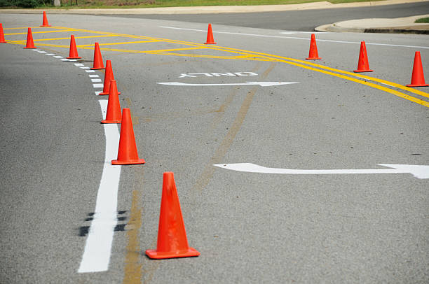 istock Newly painted turning lane with cones 182399249