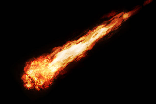 Fireball streaking across black sky "XXXL fire ball with burning trail, made of multiple composited exposures of real gas explosions and fire.  Some soot particles are visible in trail and ball.  Great for dragon's breath, comets, meteors, things entering the earth's atmosphere, or whatever you need.  Have fun!More fire things made of real fire:" asteroid belt photos stock pictures, royalty-free photos & images