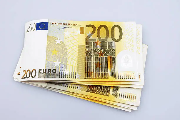 Stack of 200 euro banknotes.