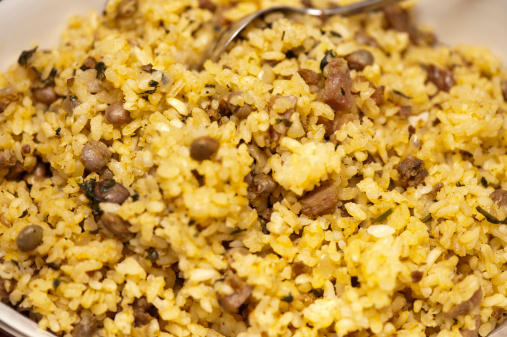 Cooked Rice dinner with pigeon peas and ham. Arroz con Gandules