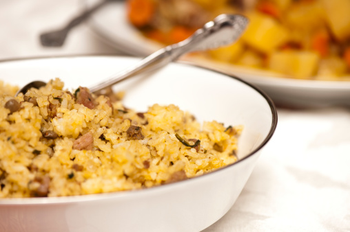 Cooked Rice dinner with pigeon peas and ham.