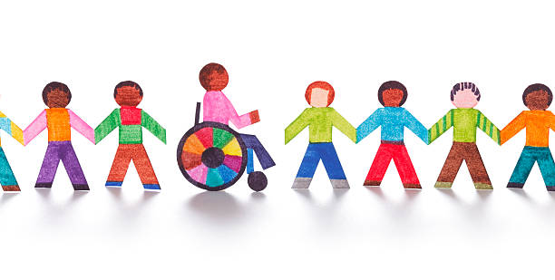 colorido papel pessoas com cadeira de rodas - community paper chain people support - fotografias e filmes do acervo