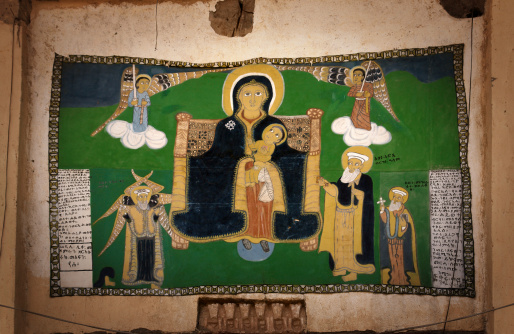 Old Christian (Coptic) Paintings in Ancient Ethiopian Orthodox Church in Yeha village in Northern Ethiopia. Virgin Mary with Little Jesus and Apostles and Angels around. SEE my other photos from Ethiopia: