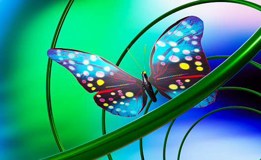 3D Render of Magical glowing neon and fluorescent inspirational butterfly top view