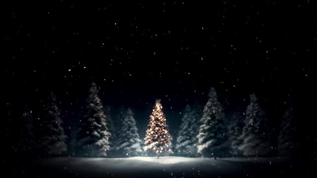 Beautiful white Christmas background with snowy winter landscape in snowy fir forest and sparkling Christmas tree decorations glowing in the dark night
