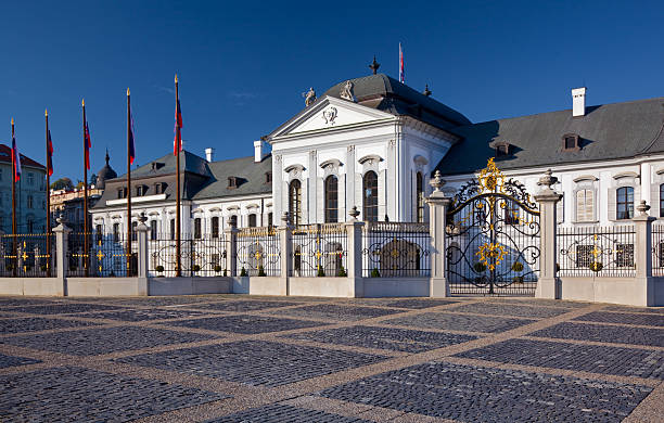 Bratislava, Slovakia - July 10. 2018: Closeup at the entrance to the building of parliament.