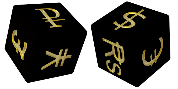 Two black dice positioned to show six international currency symbols: GB pound, US dollar, Japanese yen, Russian ruble, Indian rupees and the euro of the European union. 3D render / illustration, symbols indented gold, dice isolated on white.