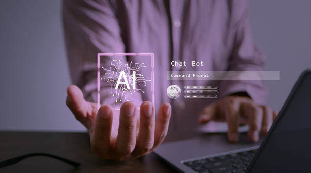 istock Chat Bot chat with Ai. Virtual graphic of AI tech  and global connection using command prompt to generate outcome. Futuristic business technology transformation 1824027437