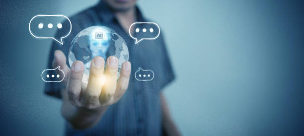 Chat Bot chat with Ai. Virtual graphic of AI tech and global connection. Man communicates with a generative conversational chatbot. Language model for education business technology transformation