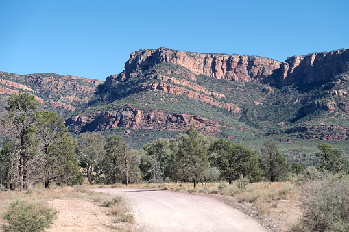 Dirt road at Wilpena Pound, a natural amphitheatre of mountains located in the heart of the Ikara-Flinders Ranges National Park. The Flinders Ranges are the largest mountain ranges in South Australia.