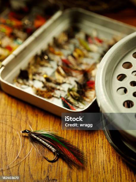 Fly Fishing Hook And Reel Stock Photo - Download Image Now - Competition, Fishing, Fishing Bait