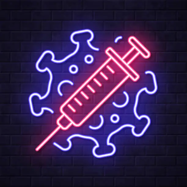Vector illustration of Coronavirus Covid-19 vaccine. Glowing neon icon on brick wall background