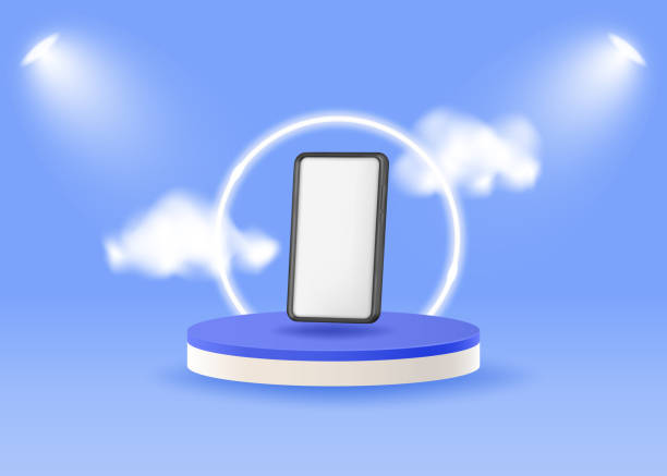istock Phone on a podium with clouds and neon circle on a blue background. 1824040284