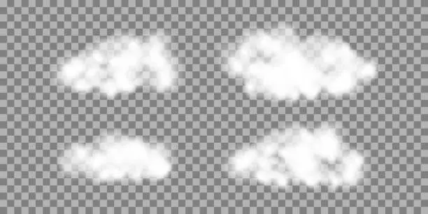 Vector illustration of Set of clouds or smoke on isolated transparent background.