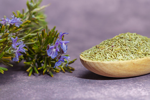 ground rosemary in a wooden spoon together with a branch of fresh rosemary in bloom
