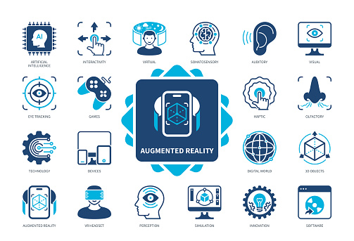 Augmented Reality icon set. Technology, Interactivity, Artificial Intelligence, Innovation, Eye Tracking, Virtual, 3D Object, VR Headset. Duotone color solid icons