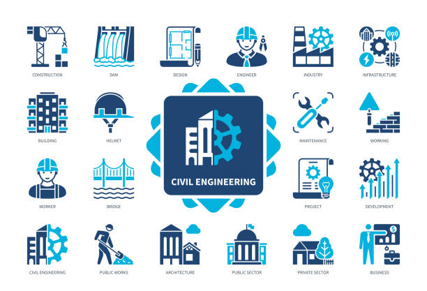 Civil Engineering solid icon set Civil Engineering icon set. Design, Working, Maintenance, Construction, Environment, Architecture, Infrastructure, Industry. Duotone color solid icons public utility stock illustrations