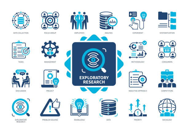 Exploratory Research solid icon set Exploratory Research icon set. Tasks, Focus Group, Knowledge, Data Collection, Analysis, Sociology, Problem Solving, Systematization. Duotone color solid icons quantitative research stock illustrations